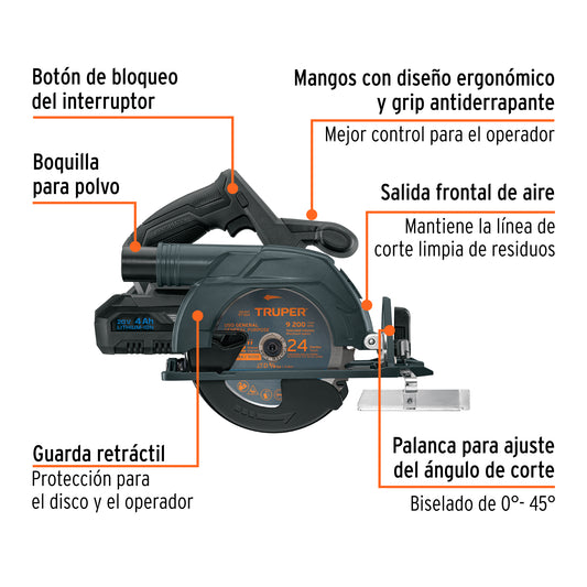 TRUPER Sierra circular 6-1/2 pulgadas 20V con 1 batería 4Ah MAX