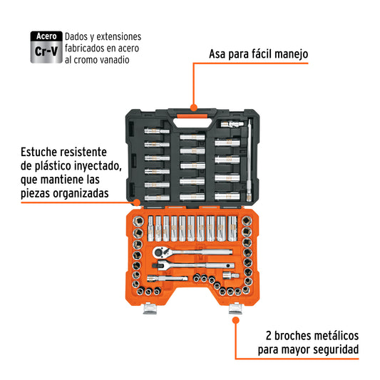 TRUPER Juego de 56 herramientas cuadro 1/2 pulgadas std y mm para mecánico