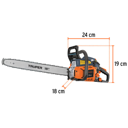 TRUPER Motosierra 38 cc a gasolina con barra de 18 pulgadas