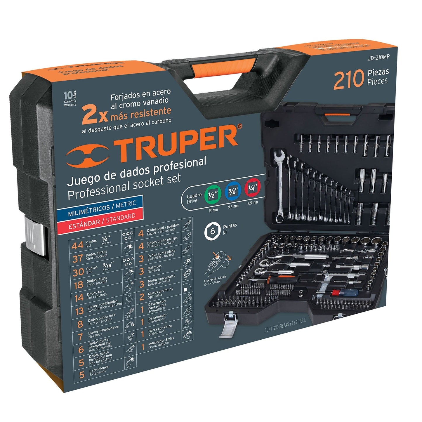 TRUPER Juego 210 herramientas 1/4, 3/8 y 1/2 pulgadas std y mm p/mecánico