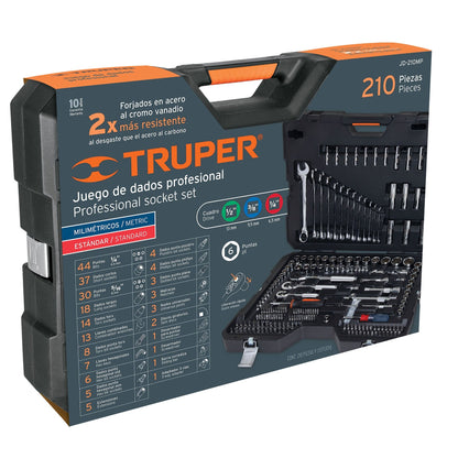TRUPER Juego 210 herramientas 1/4, 3/8 y 1/2 pulgadas std y mm p/mecánico