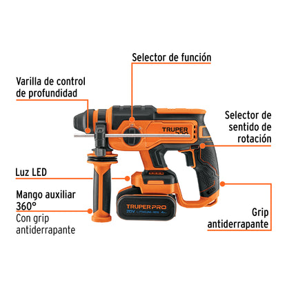 TRUPER Rotomartillo SDS Plus/destornillador 20V 2 J con  1 batería 4Ah