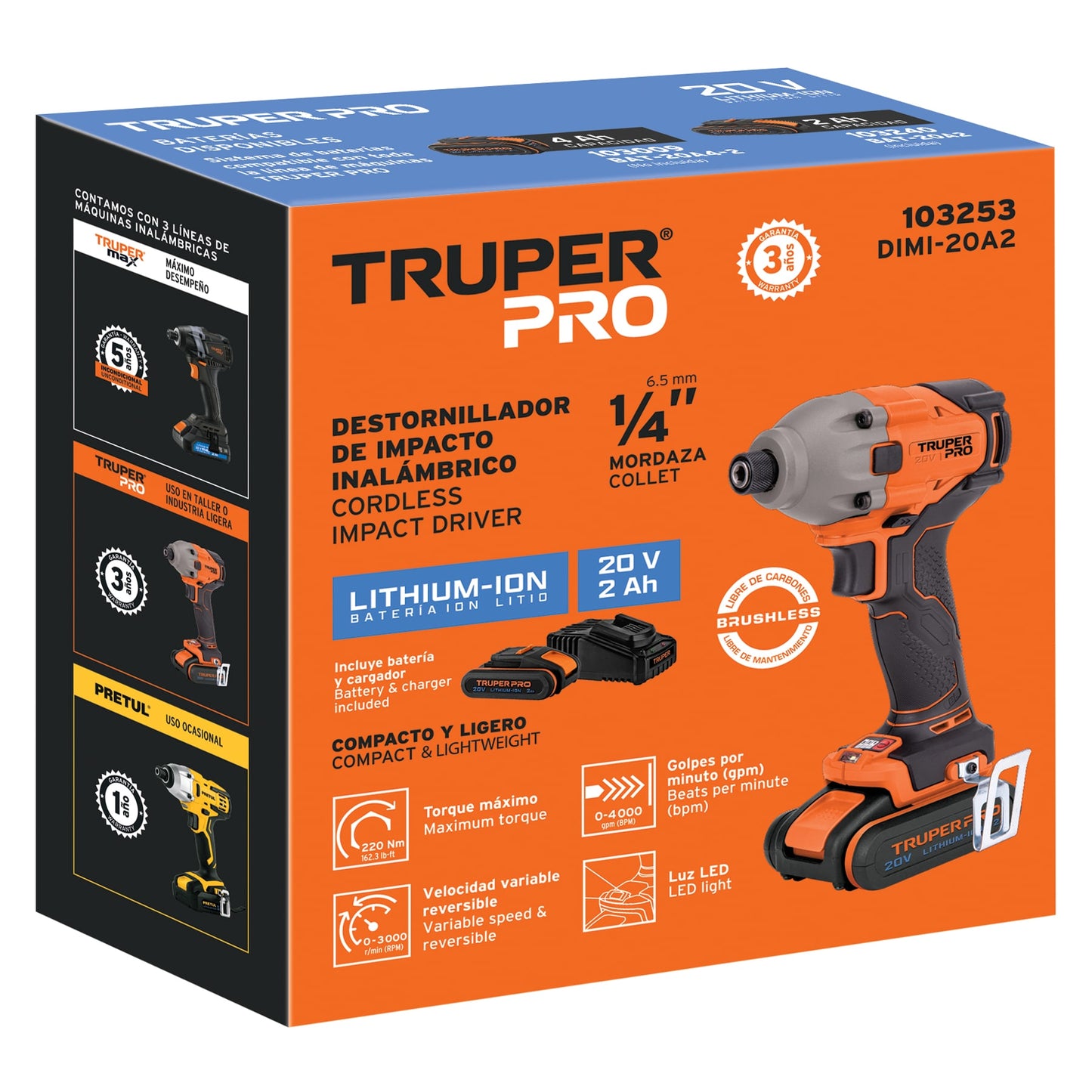 TRUPER Destornillador de impacto 1/4pulgadas 20V con 1 batería 2Ah PRO