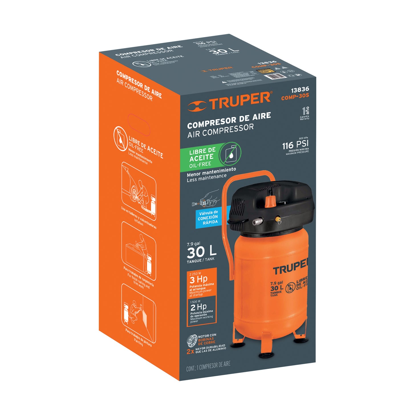 TRUPER Compresor libre de aceite 30L 3HP vertical 127V