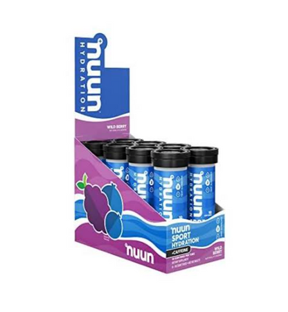 Nuun electrolitos diluible en agua, sabor mora azul  + cafeína  caja 8 tubos de 10pz c/u