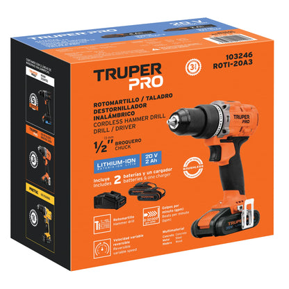 TRUPER Rotomartillo/destornillador 1/2 pulgadas 20V con 2 baterías 2Ah PRO