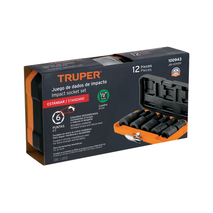 TRUPER Juego de 12 dados cuadro 1/2 pulgadas de impacto 6 puntas std