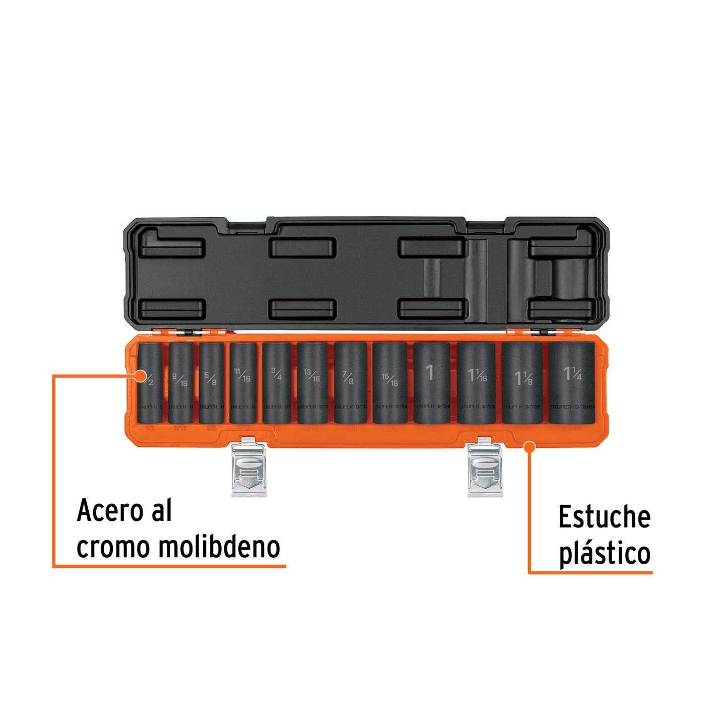 TRUPER Juego de 12 dados largos cuadro 1/2pulgadas de impacto 6 puntas std