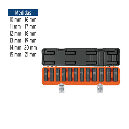 TRUPER Juego de 12 dados largos de impacto cuadro 1/2pulgadas, 6 puntas mm
