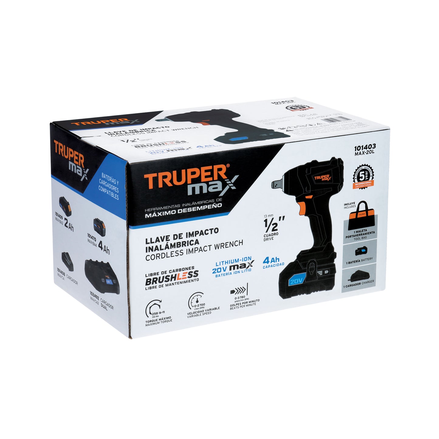 TRUPER Llave de impacto 1/2pulgadas 20V 155 lb/ft 1 batería 4Ah MAX