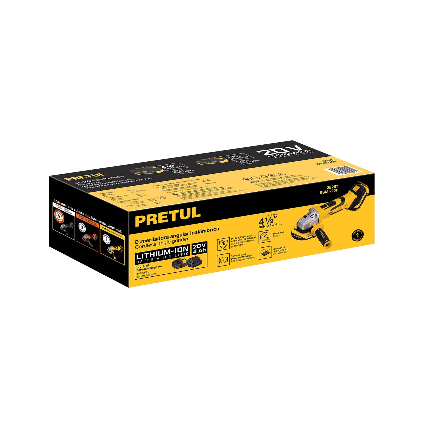 PRETUL esmeriladora 4-1/2 pulgadas de  20V con 1 batería 4Ah
