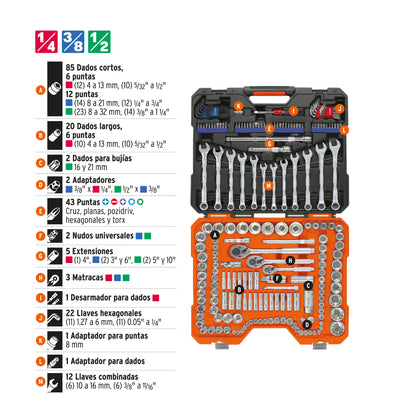 TRUPER Juego 199 herramientas 1/4 3/8 y 1/2 pulgadas  std y mm p/mecánico