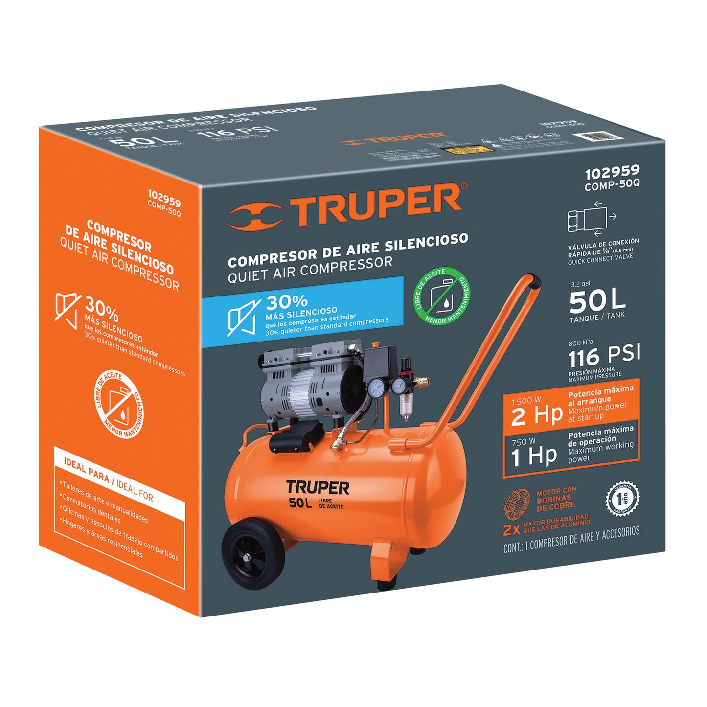 TRUPER Compresor de aire, silencioso libre de aceite, 50 L, 2 HP