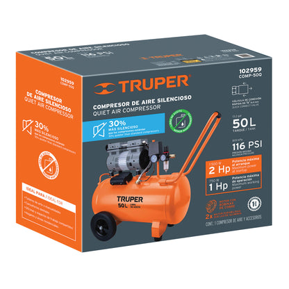 TRUPER Compresor de aire, silencioso libre de aceite, 50 L, 2 HP