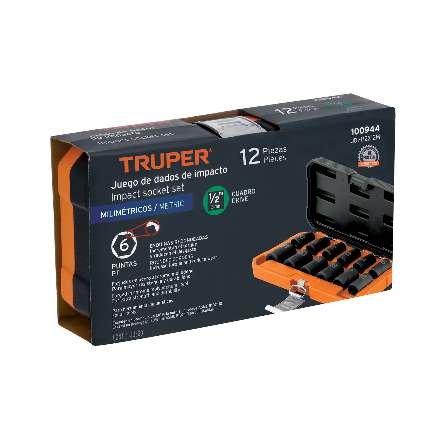 TRUPER Juego de 12 dados de impacto cuadro 1/2 pulgadas 6 puntas mm