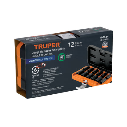 TRUPER Juego de 12 dados de impacto cuadro 1/2 pulgadas 6 puntas mm