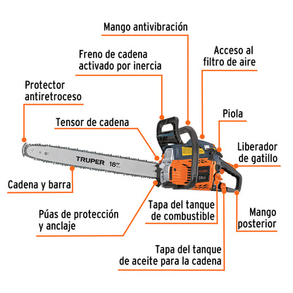 TRUPER Motosierra 38 cc a gasolina con barra de 18 pulgadas