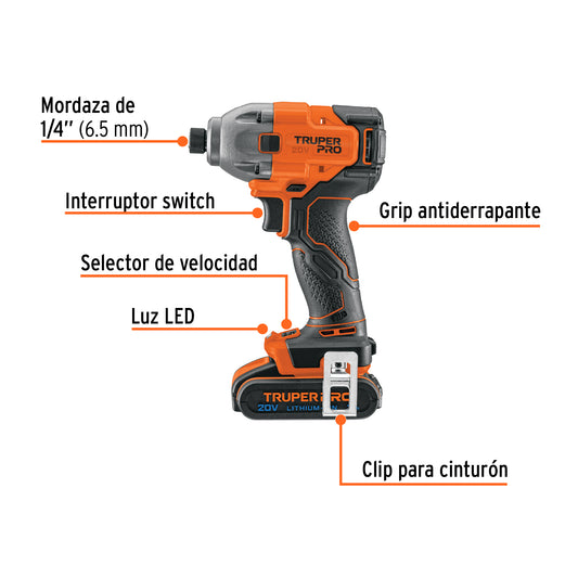 TRUPER Destornillador de impacto 1/4pulgadas 20V con 1 batería 2Ah PRO